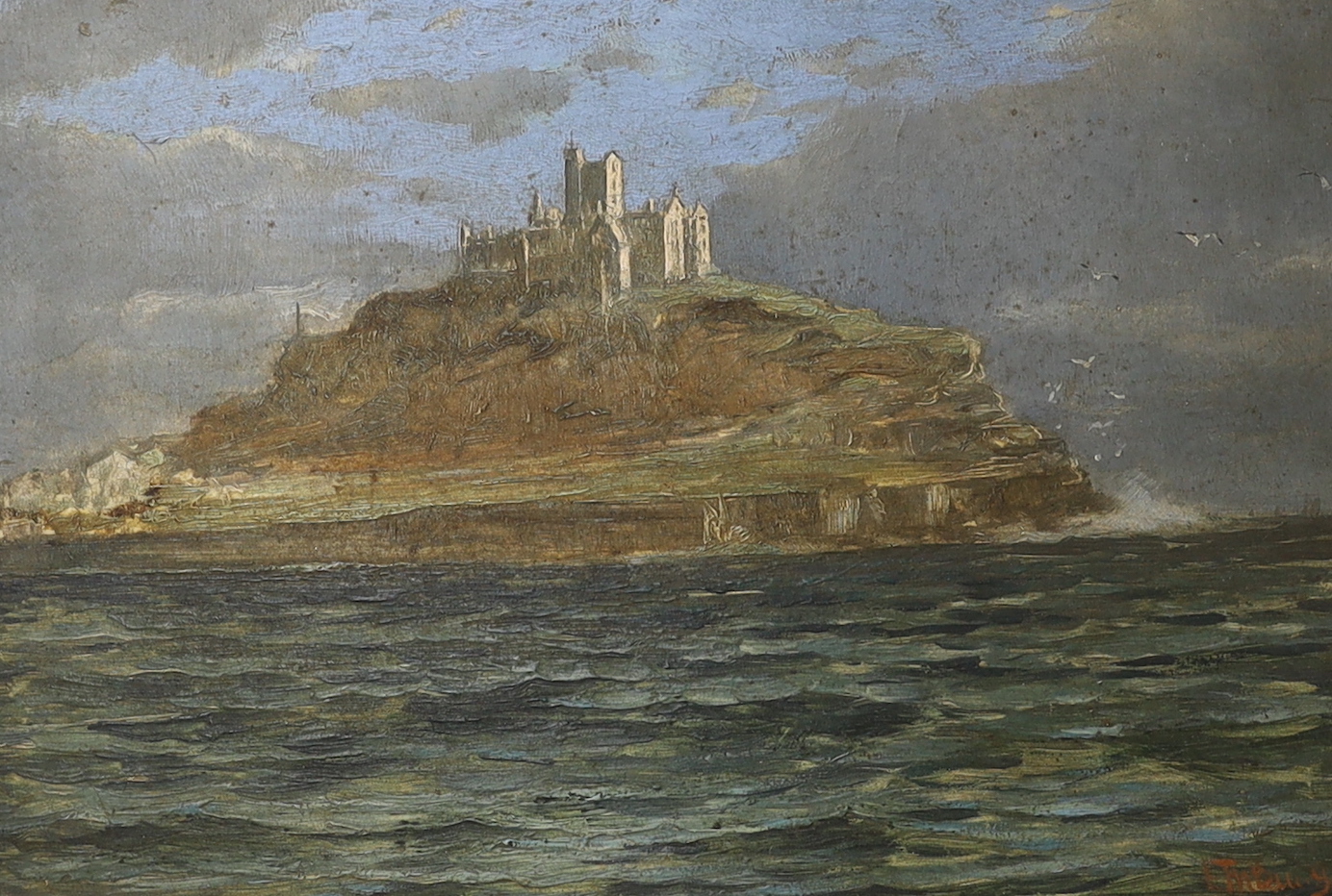 Early 20th century, oil on board, St Michael's Mount, indistinctly signed lower right, 24 x 34cm, ornate gilt framed